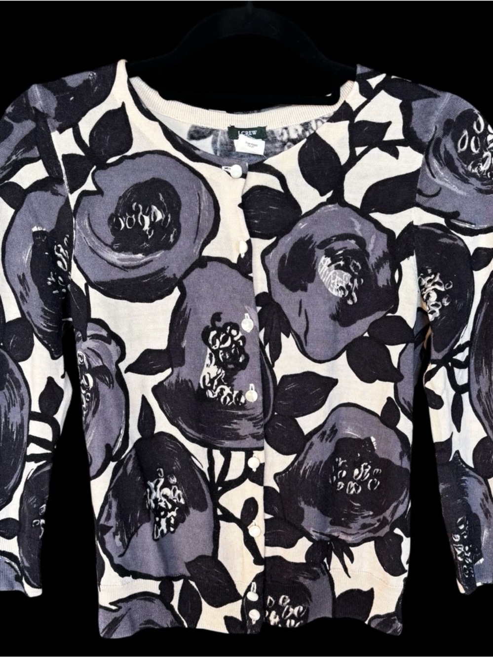 Women's small J.Crew button down cardigan sweater in black, grey & ivory pattern